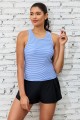 Blue Stripe Scoop Neck Sporty Tankini Top And Boy Shorts Set