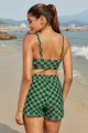 Dark Green Square Lattice Square Neck Adjustable Straps Sporty Bikini Top And HighWaist Boy Shorts Set