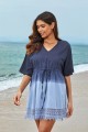 Blue VNeck Lace Hem Drawstring Tie Beach Dress with Sleeves