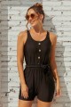 Solid Black Scoop Neck Button Belt OnePiece Swimsuit