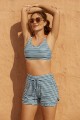 Green & White Stripes Square Neck Wide Straps Sporty Bikini Top And HighWaist Boy Shorts