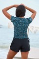 Blue Floral High Neck Short Sleeves Zipper Front Side Drawstring Tankini Top And Floral HighWaisted Boy Shorts Set