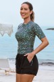 Floral Round Neck Short Sleeves Zipper Back Side Drawstring Tankini Set