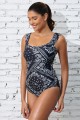 Black Floral Scoop Neck Wide Straps Tummy Control OnePiece Swimsuit