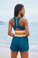 Blue Colorblock Scoop Neck Sporty Bikini Top And HighWaist Boy Shorts