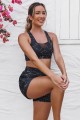 Black Mesh Patchwork VNeck Cute Bikini Top And HighWaist Boy Shorts Set