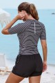 Black Stripe Round Neck Short Sleeves Zipper Back Side Drawstring Tankini Top And HighWaisted Boy Shorts Set