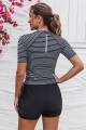 Black Stripe Round Neck Short Sleeves Zipper Back Side Drawstring Tankini Top And HighWaisted Boy Shorts Set