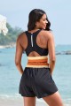 Black Colorblock Scoop Neck Wide Straps Sporty Bikini Top And HighWaist Boy Shorts Set