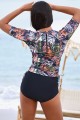 Colorful Leaf High Neck Sleeves Zipper Back Side Drawstring Tankini Top And Ruching Bottom