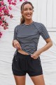 Black Stripe Round Neck Short Sleeves Zipper Back Side Drawstring Tankini Top And HighWaisted Boy Shorts Set