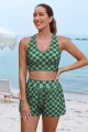 Green Plaid Heart Neck Sporty Bikini Top And HighWaist Boy Shorts Set