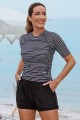 Black Stripe Round Neck Short Sleeves Zipper Back Side Drawstring Tankini Top And HighWaisted Boy Shorts Set