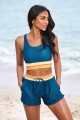 Blue Colorblock Scoop Neck Sporty Bikini Top And HighWaist Boy Shorts
