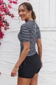 Black Stripe Round Neck Short Sleeves Zipper Back Side Drawstring Tankini Top And HighWaisted Boy Shorts Set