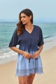 Blue VNeck Lace Hem Drawstring Tie Beach Dress with Sleeves