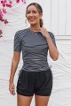 Black Stripe Round Neck Short Sleeves Zipper Back Side Drawstring Tankini Top And HighWaisted Boy Shorts Set