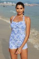 Light Blue Floral Print Halter Strap Sweetheart Neck Ruching Tummy Control Casual OnePiece Swimsuit
