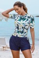 Floral Pattern Round Neck Sleeves Zipper Back Side Drawstring Tankini Top And HighWaisted Boy Shorts Set