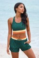 Green Leopard Colorblock Scoop Neck Sporty Bikini Top And HighWaist Boy Shorts