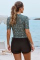 Floral Round Neck Short Sleeves Zipper Back Side Drawstring Tankini Set