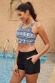 Black Geometric Print Racer Back Sporty BIkini Top And HighWaist Boy Short