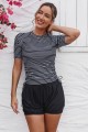 Black Stripe Round Neck Short Sleeves Zipper Back Side Drawstring Tankini Top And HighWaisted Boy Shorts Set
