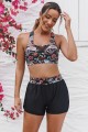 Black Floral Mesh Patchwork Square Neck Wide Straps Bikini Top And HighWaist Boy Shorts Set
