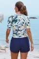 Floral Pattern Round Neck Sleeves Zipper Back Side Drawstring Tankini Top And HighWaisted Boy Shorts Set