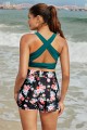 Green Round Neck Cross Back Sporty Bikini Top And Floral HighWaist Boy Shorts