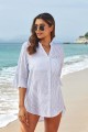 White Striped Collar Neck Buttoned Elbow Sleeves Cover Up