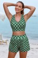 Green Plaid Heart Neck Sporty Bikini Top And HighWaist Boy Shorts Set