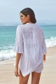 White Striped Collar Neck Buttoned Elbow Sleeves Cover Up