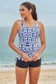 Blue Unique Geometric Pattern Scoop Neck Drawstring Sides Sporty Tankini Set