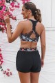 Black Floral Mesh Patchwork Square Neck Wide Straps Bikini Top And HighWaist Boy Shorts Set