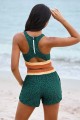 Green Leopard Colorblock Scoop Neck Sporty Bikini Top And HighWaist Boy Shorts