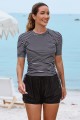 Black Stripe Round Neck Short Sleeves Zipper Back Side Drawstring Tankini Top And HighWaisted Boy Shorts Set