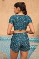 Blue Floral Bikini Top with Sleeve And HighWaist Boy Shorts Set