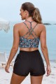 Colorful Floral VNeck Spaghetti Strap Cross Back Sporty Bikini Top And HighWaist Boy Shorts Set