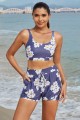Purple Floral Square Neck Adjustable Straps Sporty Bikini Top And HighWaist Boy Shorts Set