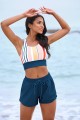 Colorful Stripe Colorblock Scoop Neck Sporty Bikini Top And HighWaist Boy Shorts