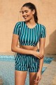 Green Striped Hign Neck Sleeve Bikini Top And HighWaist Boy Short