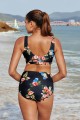 Black Floral Vneck Wide Straps Sexy Bikini Top and Bottom Set