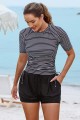 Black Stripe Round Neck Short Sleeves Zipper Back Side Drawstring Tankini Top And HighWaisted Boy Shorts Set