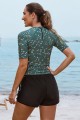 Floral Round Neck Short Sleeves Zipper Back Side Drawstring Tankini Set