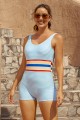 White Stripes Scoop Neck Wide Straps Backless Ties Back OnePiece Swimsuit