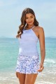Blue & Floral Print Halter Crossback Lacing Tankini Set
