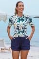 Floral Pattern Round Neck Sleeves Zipper Back Side Drawstring Tankini Top And HighWaisted Boy Shorts Set