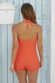 Solid Orange Halter Strap Sweetheart Neck Ruching Tummy Control Casual OnePiece Swimsuit