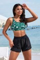 Green Floral Scoop Neck Adjustable Strap  Bikini Top And HighWaist Boy Shorts Set